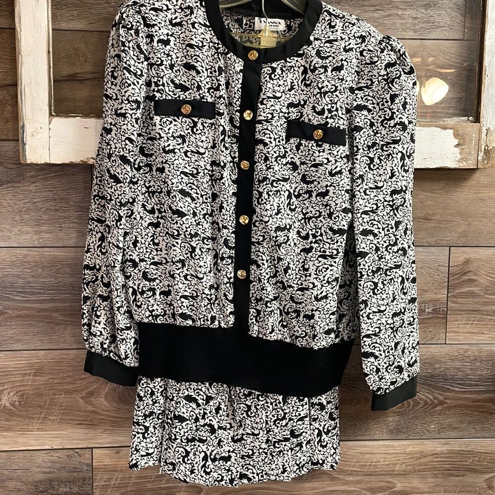 Evanna Petite Skirt Set , Size 10, Black and White Floral Print